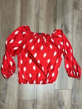 Vince Camuto Red Puff-Sleeve Blouse with White Dot Motif Large